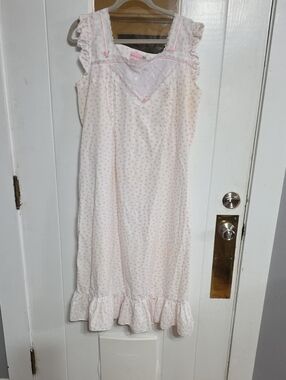 Moon Dance Womens Nightgown Cotton Blend White/Pink Flowers Lace Ruffle Sz L EUC